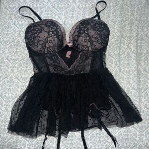 Victoria’s Secret lingerie black and pink push-up bustier with thigh high straps